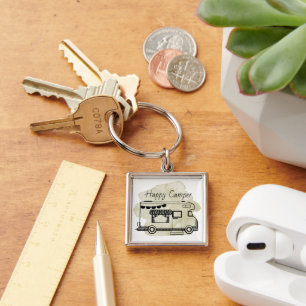 Happy camper caravan trailer boho green abstract  key ring