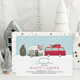 Happy Camper Christmas Holiday Blue 1st Birthday Invitation