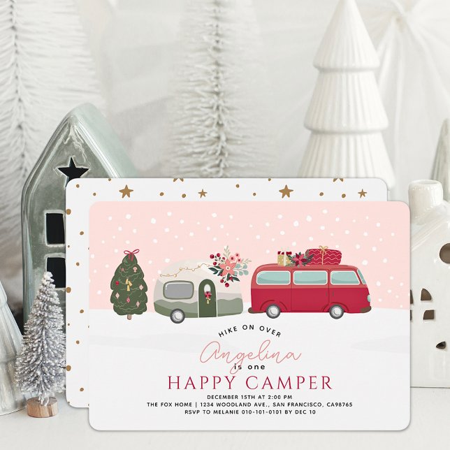 Happy Camper Christmas Holiday Pink 1st Birthday Invitation (Creator Uploaded)