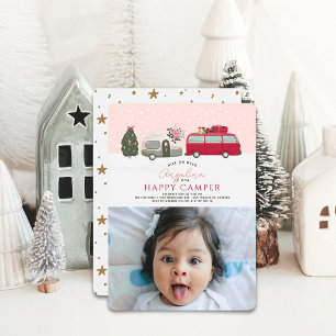 Happy Camper Christmas Pink 1st Birthday Photo Invitation