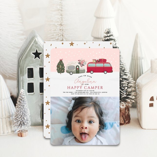 Happy Camper Christmas Pink 1st Birthday Photo Invitation (Creator Uploaded)