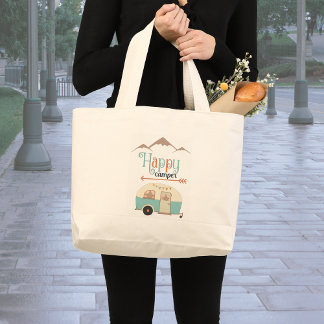 HAPPY CAMPER Cute Retro RV Large Tote Bag