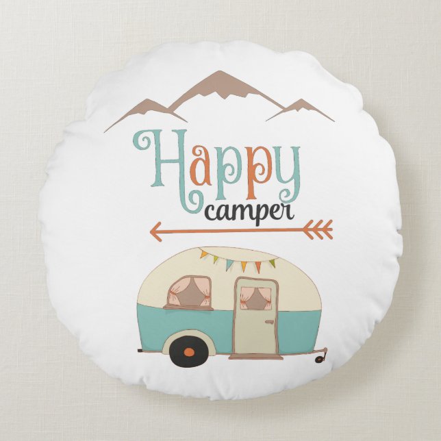 HAPPY CAMPER Cute Retro RV Round Cushion (Front)