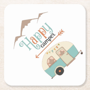 HAPPY CAMPER Cute Retro RV Square Paper Coaster