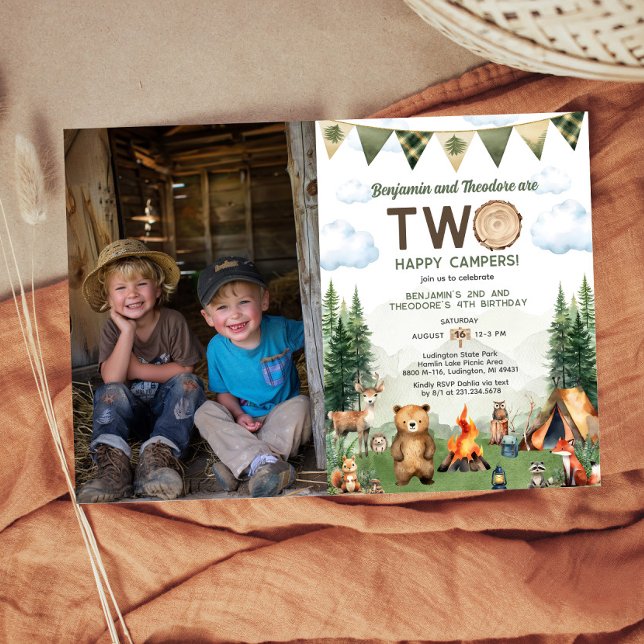 Happy Camper Dual Joint Double Birthday Photo Invitation (Happy Camper Dual Joint Double Birthday Photo Invitation)
