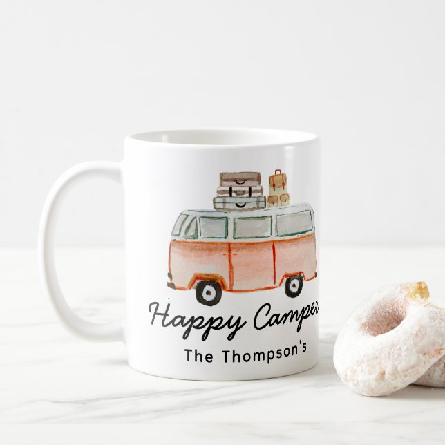 Happy Camper Family Name Cute RV Camping Retro Cof Coffee Mug (With Donut)