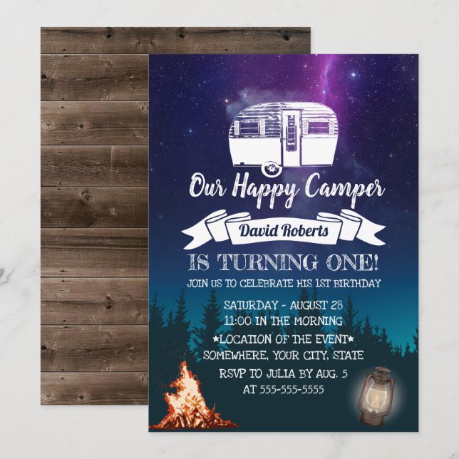 Happy Camper Forest Outdoor Camping 1st Birthday Invitation (Front/Back)