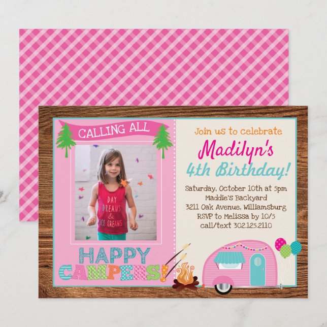 Happy Camper Girl Photo Birthday Party Invitation (Front/Back)