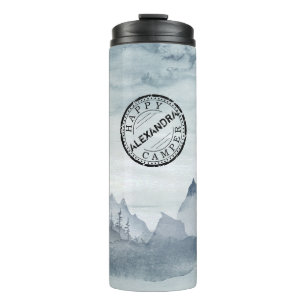 Happy Camper Grey Watercolor Landscape Camping Thermal Tumbler
