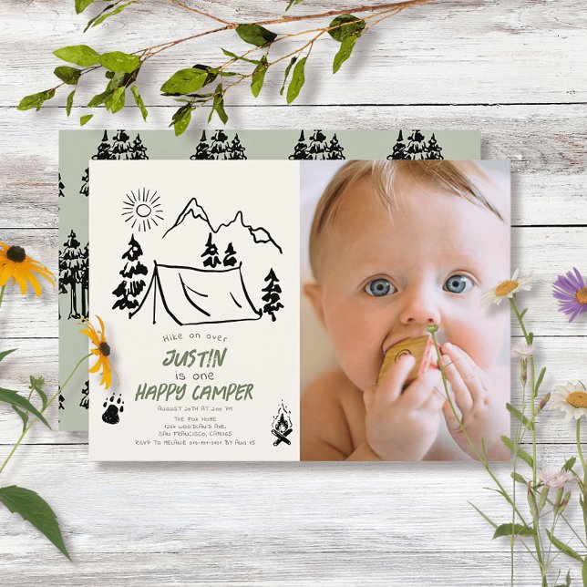 Happy Camper Hand-drawn Tent Photo 1st Birthday Invitation (Creator Uploaded)