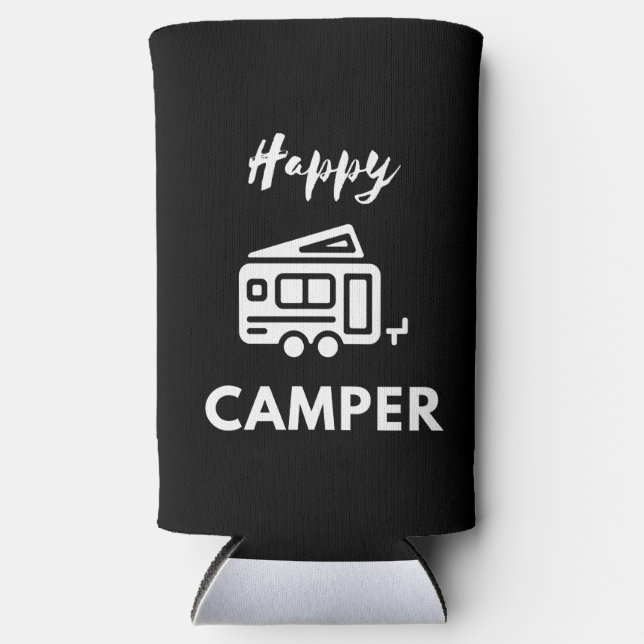 Happy Camper in White with Blue Background Seltzer Can Cooler (Front)
