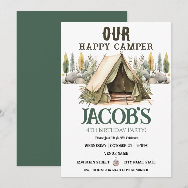  Happy Camper Kids 4th Birthday  Invitation (Front/Back)