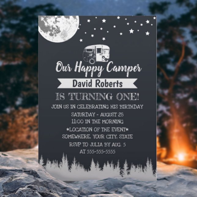 Happy Camper Moon Stars Forest Birthday Invitation (Creator Uploaded)