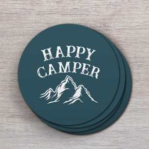 Happy Camper Mountain Adventure Teal Camping Round Paper Coaster