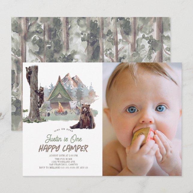Happy Camper Mountain Bears Boy 1st Birthday Invitation (Front/Back)