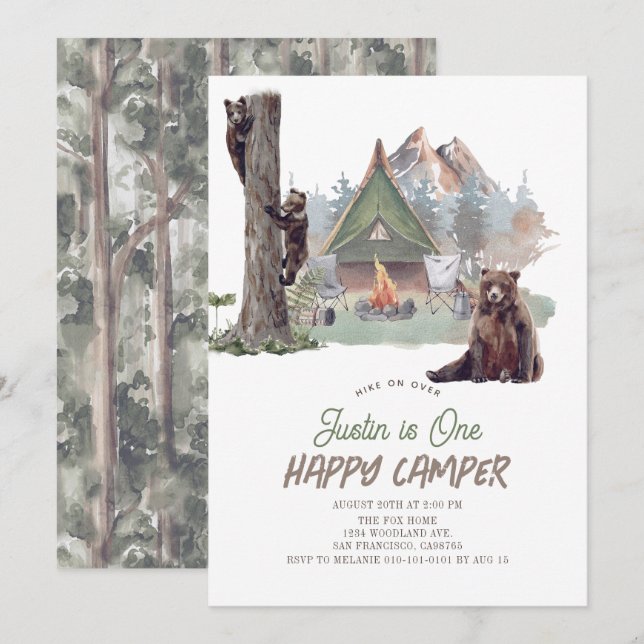 Happy Camper Mountain Bears Boy 1st Birthday Invitation (Front/Back)