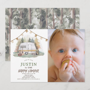Happy Camper Mountain Boy 1st Birthday Photo Invitation