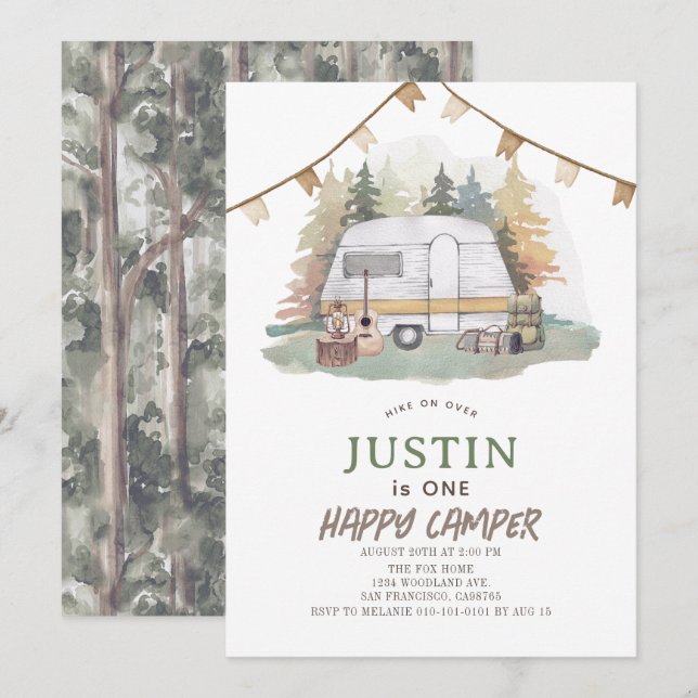 Happy Camper Mountain Forest Boy 1st Birthday Invitation (Front/Back)