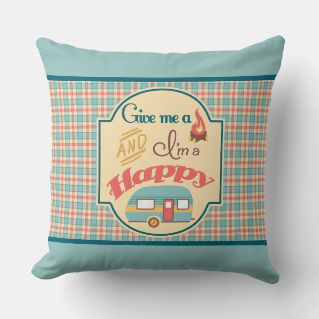 Happy Camper Personalised Pillow (Aqua & Coral) (Front)