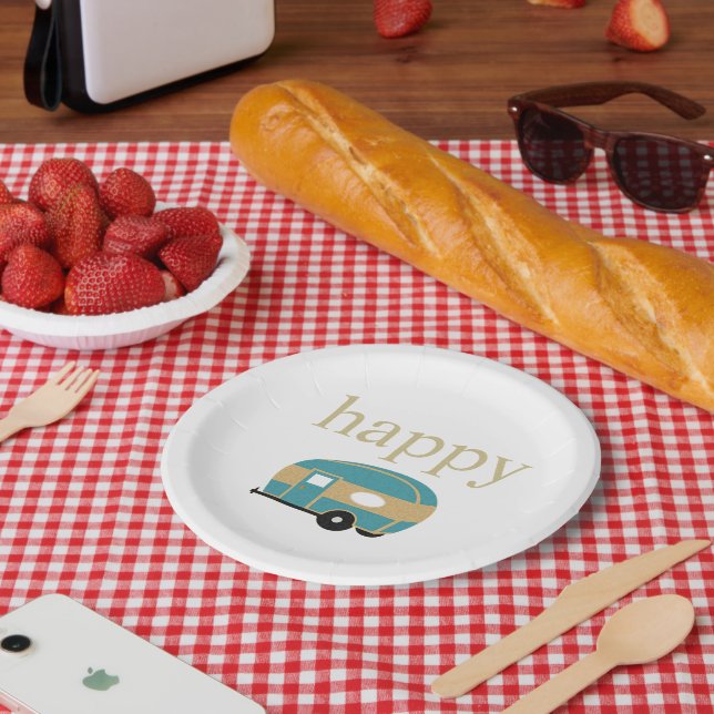 Happy Camper Personality Teal Gold Travel Trailer Paper Plate (Picnic)