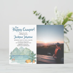 Happy Camper Photo Rustic Mountains Birthday Invitation