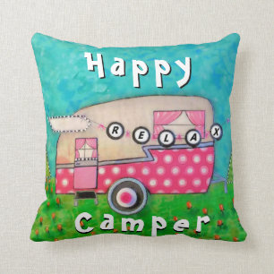 Happy Camper Pillow, Camper Art Cushion