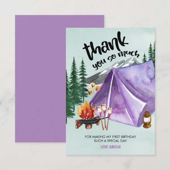 Happy Camper Purple Tent Girls Birthday Thank You Card (Front/Back)