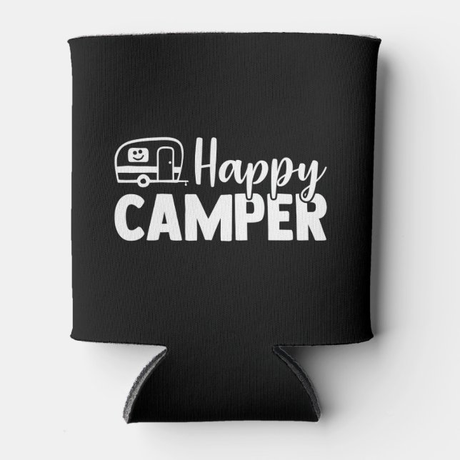 Happy Camper Quote (White) Can Cooler (Front)