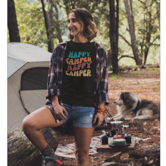 Happy Camper Quote with Retro Wavy Colorful Text T-Shirt