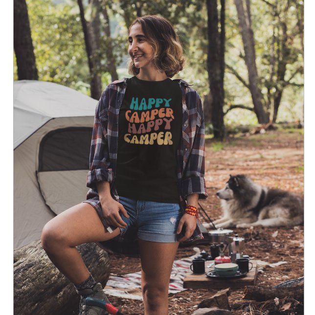 Happy Camper Quote with Retro Wavy Colorful Text T-Shirt (Creator Uploaded)