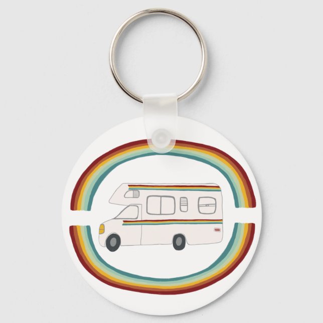 Happy Camper Rainbow RV Whimsical Motorhome RVing Key Ring (Front)