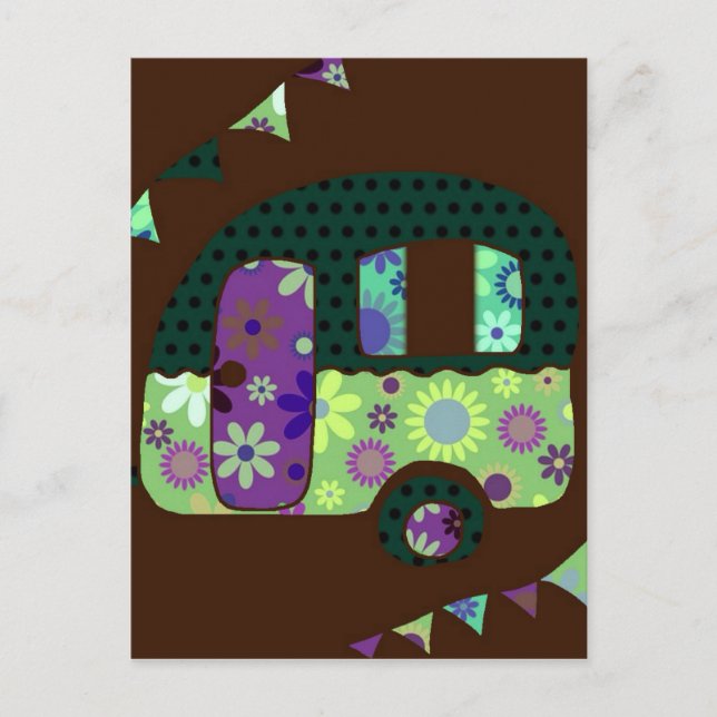 Happy camper, retro caravan vintage bunting postcard (Front)