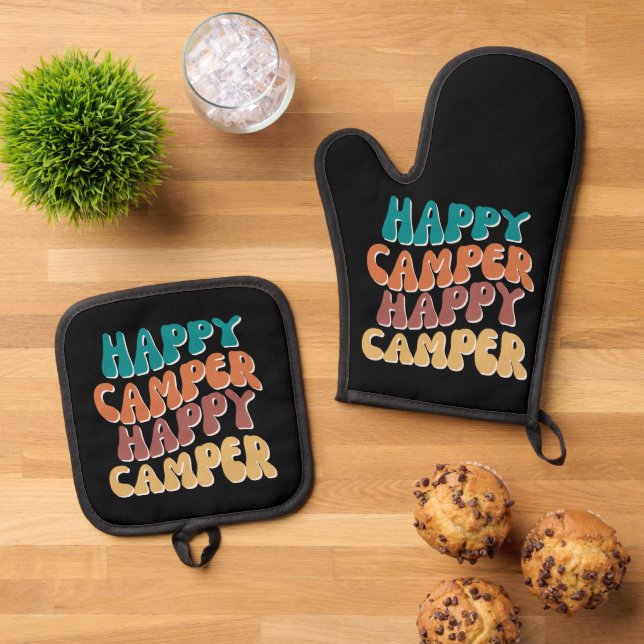 Happy Camper Retro Wavy Text Black background Oven Mitt & Pot Holder Set (Top Down)
