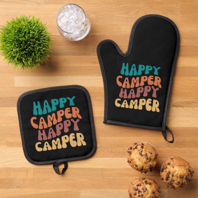 Happy Camper Retro Wavy Text Black background Oven Mitt & Pot Holder Set (Top Down)