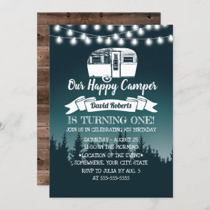 Happy Camper Rustic Forest 1st Birthday Invitation