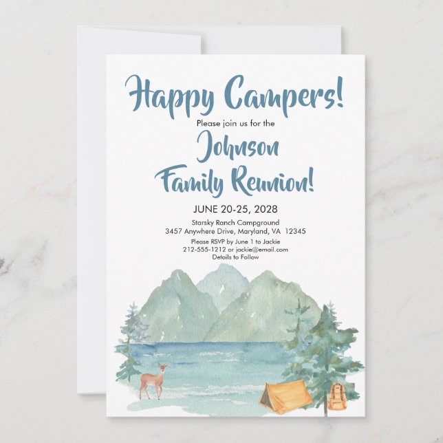 Happy Camper Rustic Mountains Family Reunion Invitation (Front)