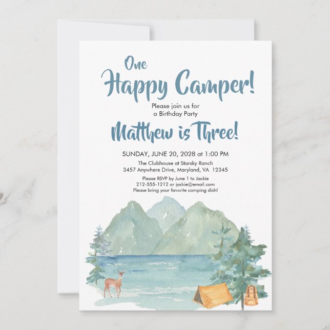 Happy Camper Rustic Mountains Kids Birthday Invitation (Front)
