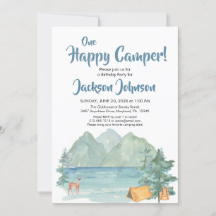 Happy Camper Rustic Mountains Watercolor Birthday Invitation