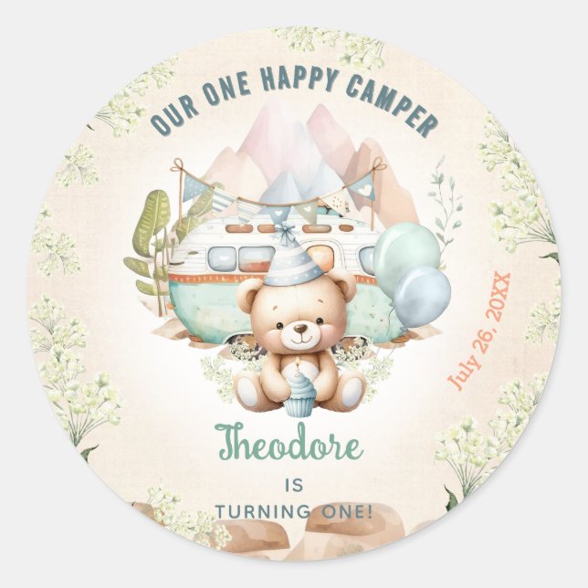 Happy Camper Summer 1st Birthday Boy Classic Round Sticker (Front)