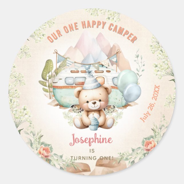 Happy Camper Summer 1st Birthday Girl Classic Round Sticker (Front)