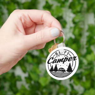 Happy Camper T Shirt Trees Stars and Camp Trailer Key Ring