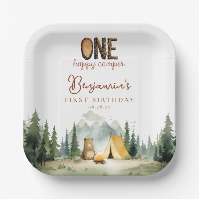 Happy Camper Teddy Bear 1st Birthday Paper Plate (Front)