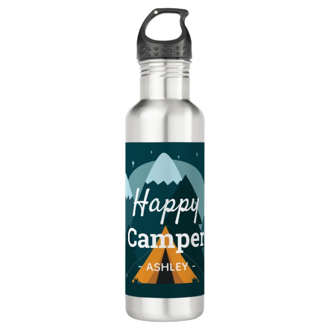 Happy Camper Tent and Mountains Personalised 710 Ml Water Bottle (Front)