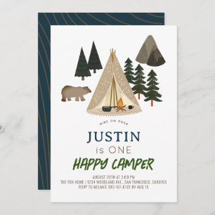Happy Camper Tent Bear Boy 1st Birthday Invitation