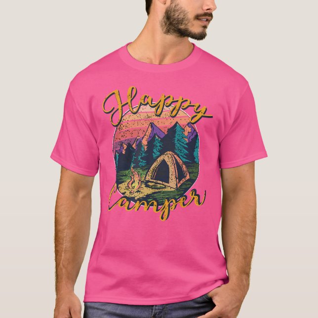 Happy Camper Tent Sunset Mountains Campfire Campin T-Shirt (Front)