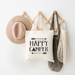 Happy Camper Tote Bag<br><div class="desc">Custom printed tote bags with trendy black and white "Happy Camper" typography quote. Design features a tribal arrow border and cute teepee graphic. Use the design tools to choose any background color,  add your own text and photos to create a unique one of a kind design.</div>