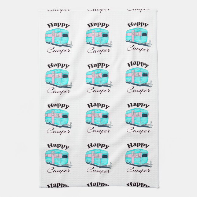 Happy Camper Trailer Camping Tea Towel (Vertical)