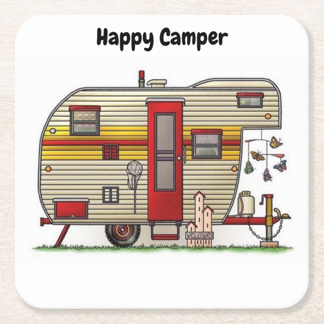 Happy Camper Trailer Square Paper Coaster (Front)