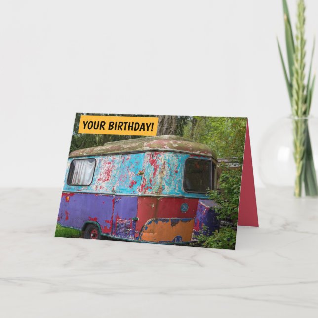 HAPPY CAMPER VINTAGE HIPPIE CAMPER BIRTHDAY CARD (Front)