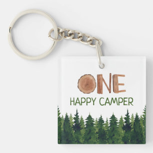 Happy Camper Watercolor Wooden One Rustic  Key Ring